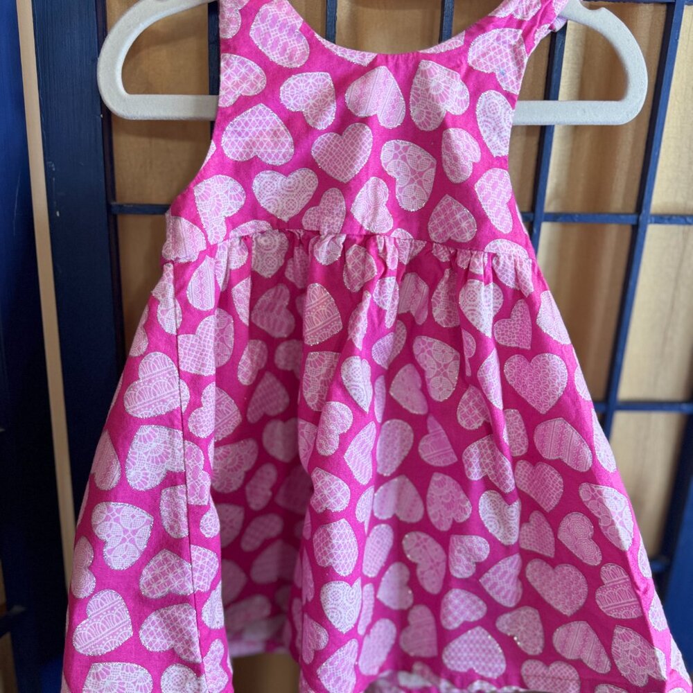 Toddler Girls 3T Pink Heart Print Dress, Tie Shoulder, Twirl-Ready Skirt - Picture 2 of 5